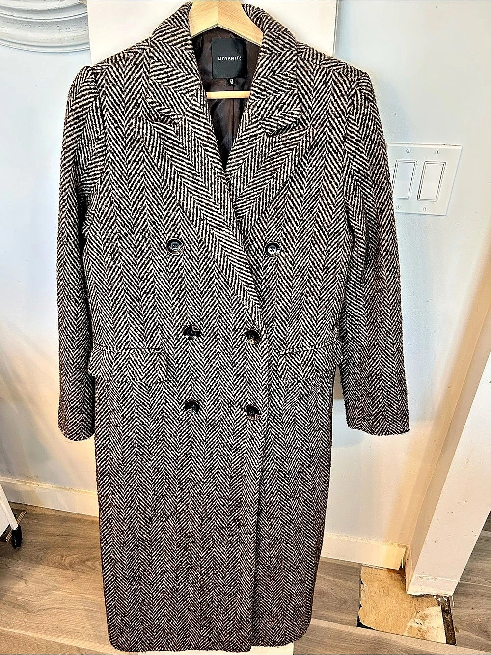 Dynamite Double-Breasted Herringbone Long Maxi Coat - Brown/Cream - Size Small